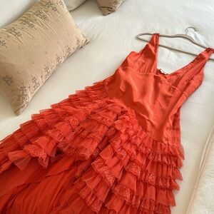 Anthropolgie Let It Be Me Red Orange Ruffle Dress Sz Small